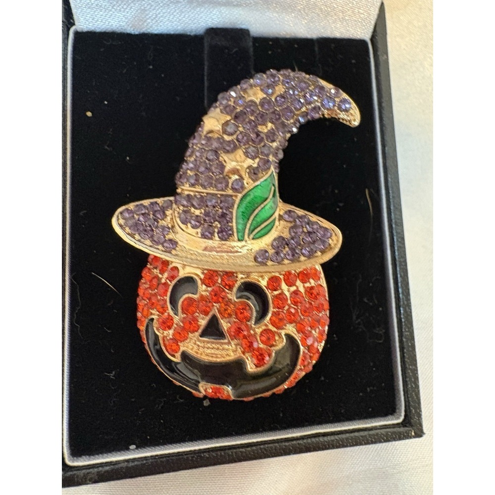 Sparkle Rhinestone Jack 'O Lantern In Witches Hat Halloween Brooch Pin